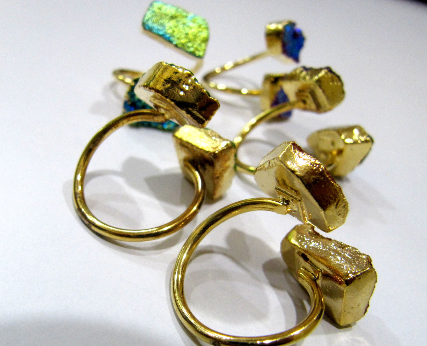 Natural Titanium Colorful Druzy Double Stone Ring 24K Gold Electroplated Drusy Gemstone Free Shape Flexible Adjustable Ring Wholesale Prices