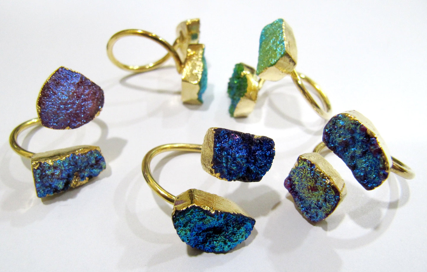 Natural Titanium Colorful Druzy Double Stone Ring 24K Gold Electroplated Drusy Gemstone Free Shape Flexible Adjustable Ring Wholesale Prices