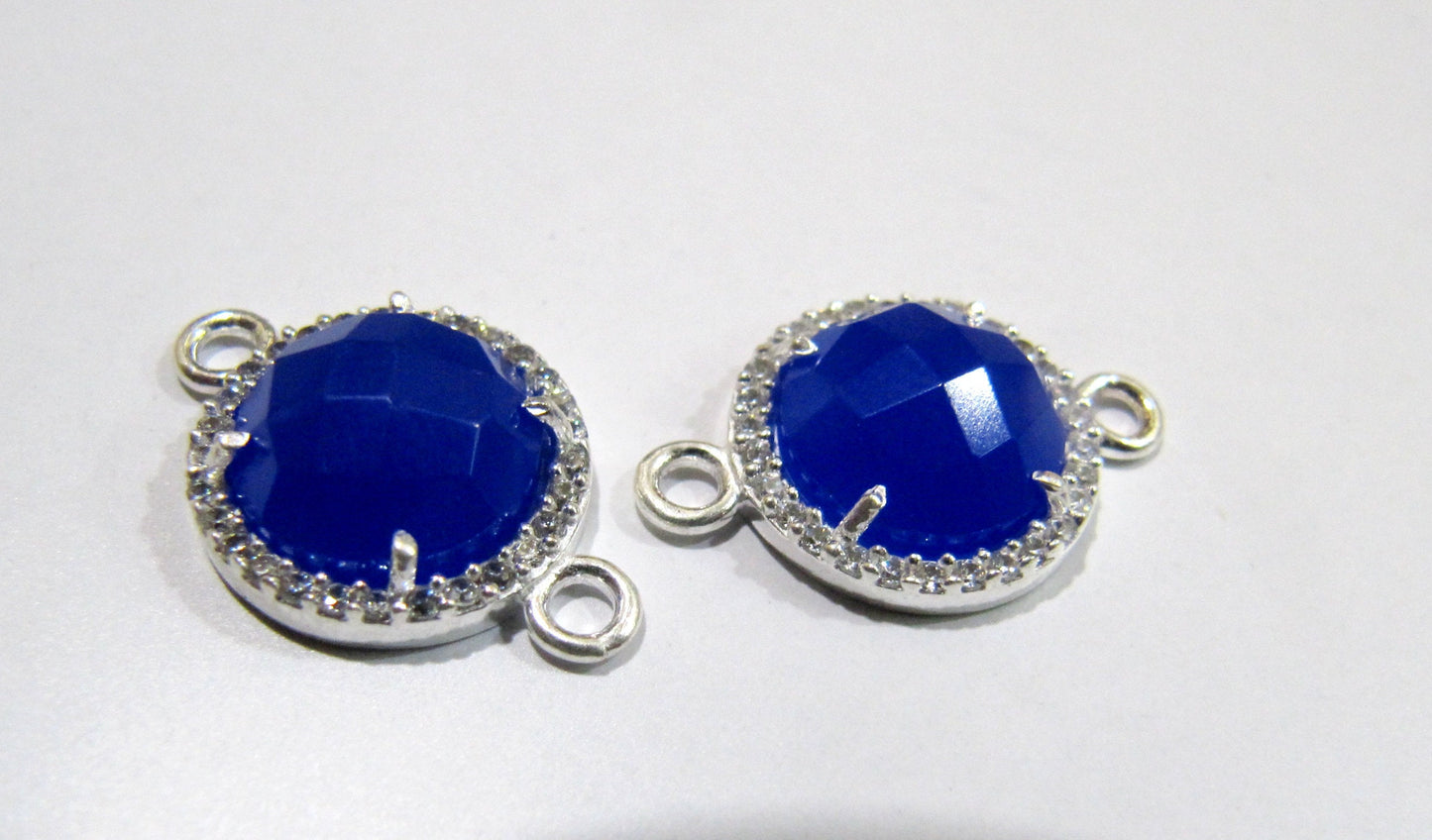 Gemstone Quartz Round Shape Briolette 13mm Connectors charms With Setted CZ Pave Silver Electroplated Double Loop Choose the Stone