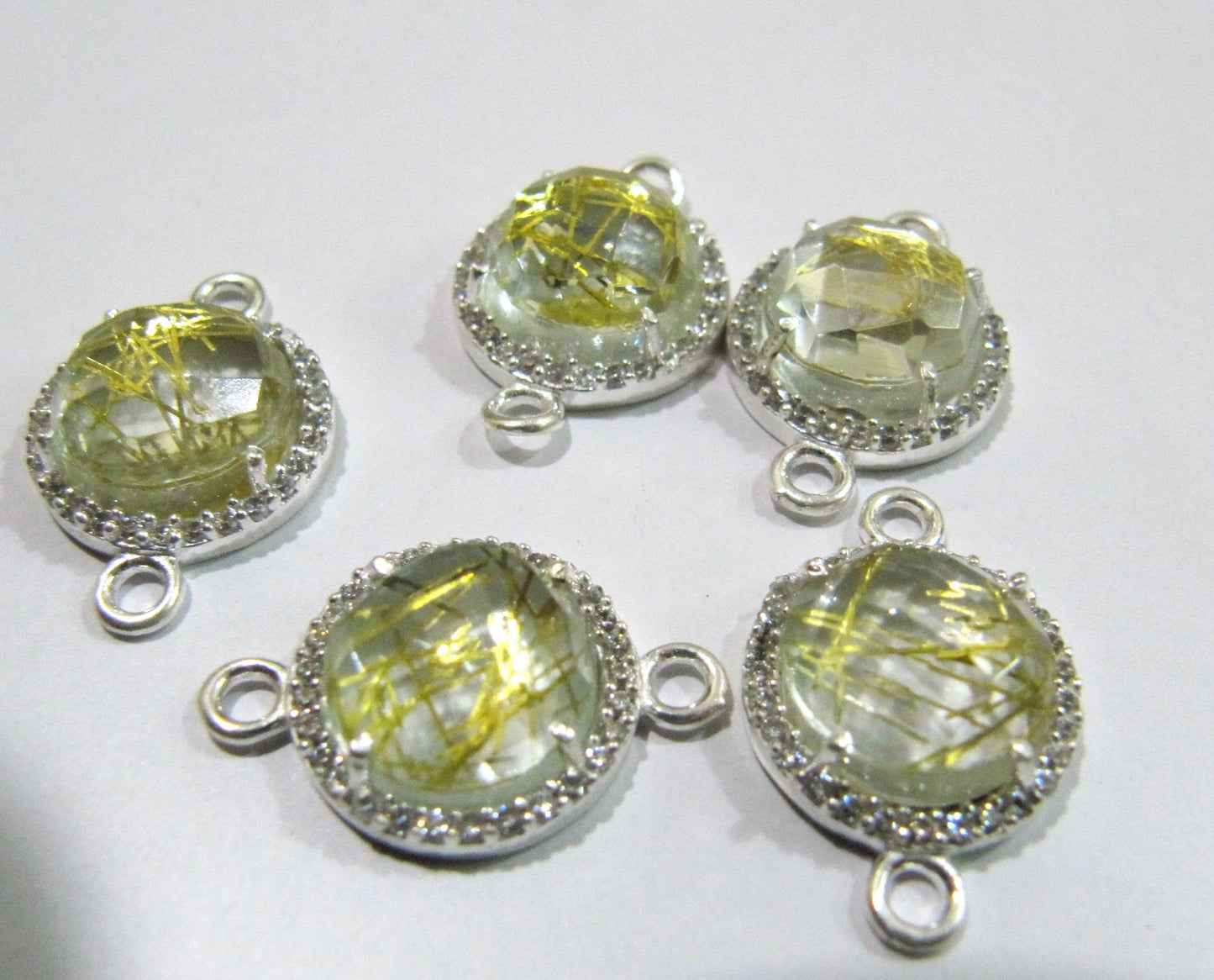 Natural Gemstones Round Shape Briolette 13mm Connectors With Setted CZ Pave Silver Bezel Charms Double Loop Gemstone Jewelry CHOOSE