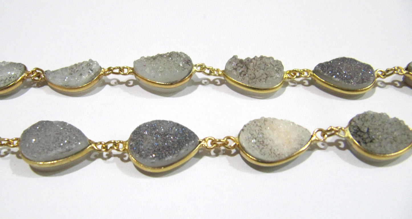 Natural White Sugar Druzy Pear Shape 10x14mm Connector Chain,Gold Plated Bezel Connector Chain Bezel Chain Sold Per Foot