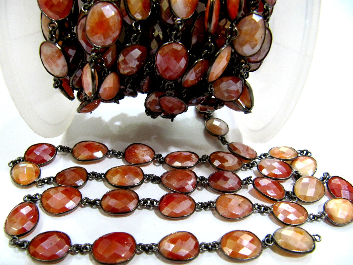 Natural Carnelian AB Mystic Coated Briolette Connector Chain Uneven Free Shape 10 to 15mm Bezel Handmade chain sold per foot