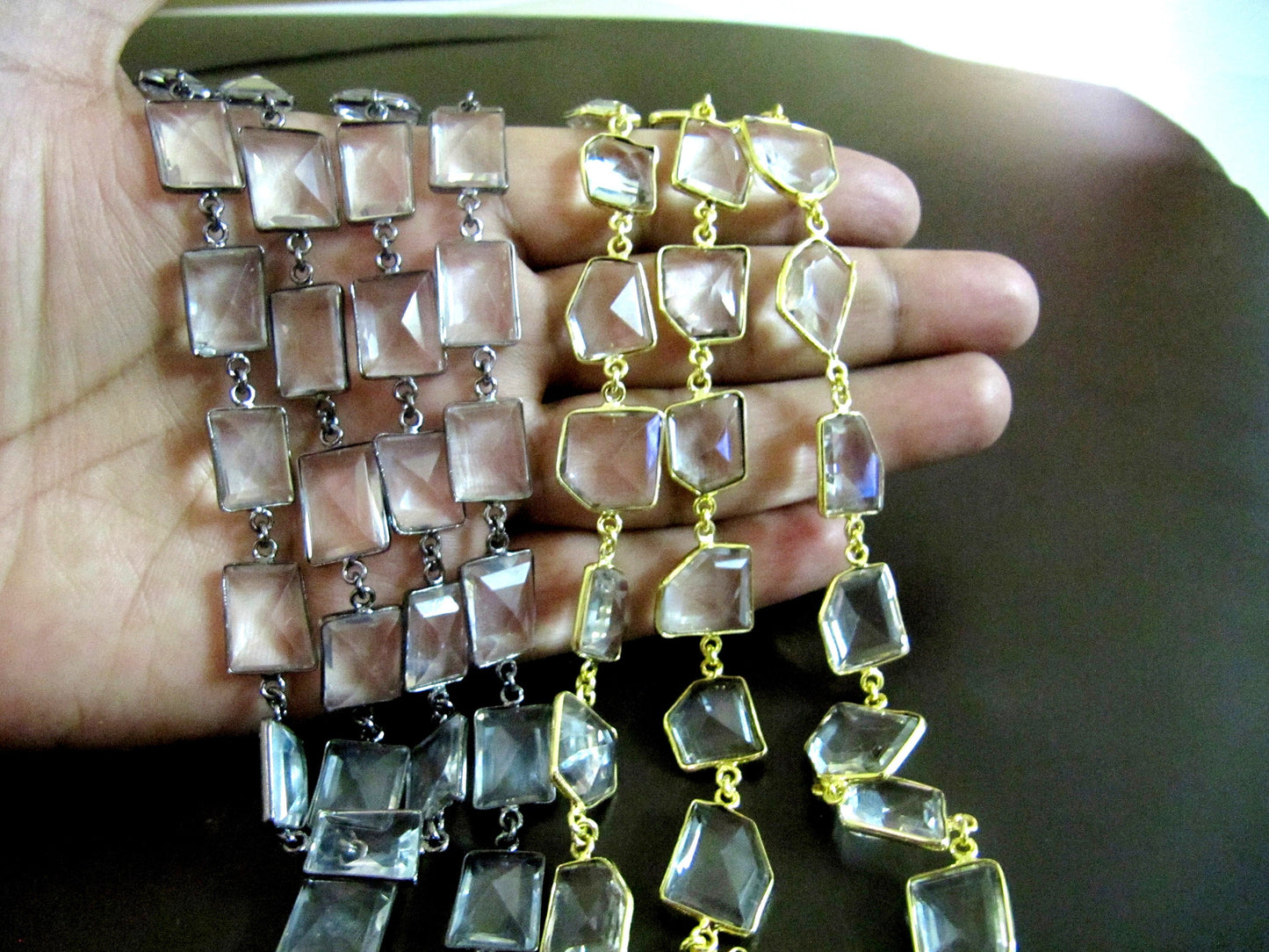 Natural Rock Crystal Laser Cut Uneven Free Shape 14 to 15mm Connector Bezel Chain Sold Per Foot High Quality Wholesale Prices