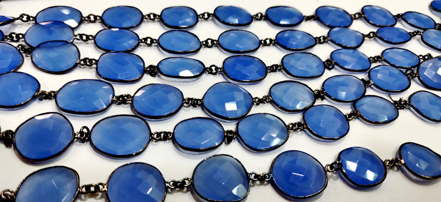 Blue Chalcedony Free Shape 12 to 16mm Briolette Faceted Connector Link Chain Sold Per Foot Wholesale Prices Jewelry making chain