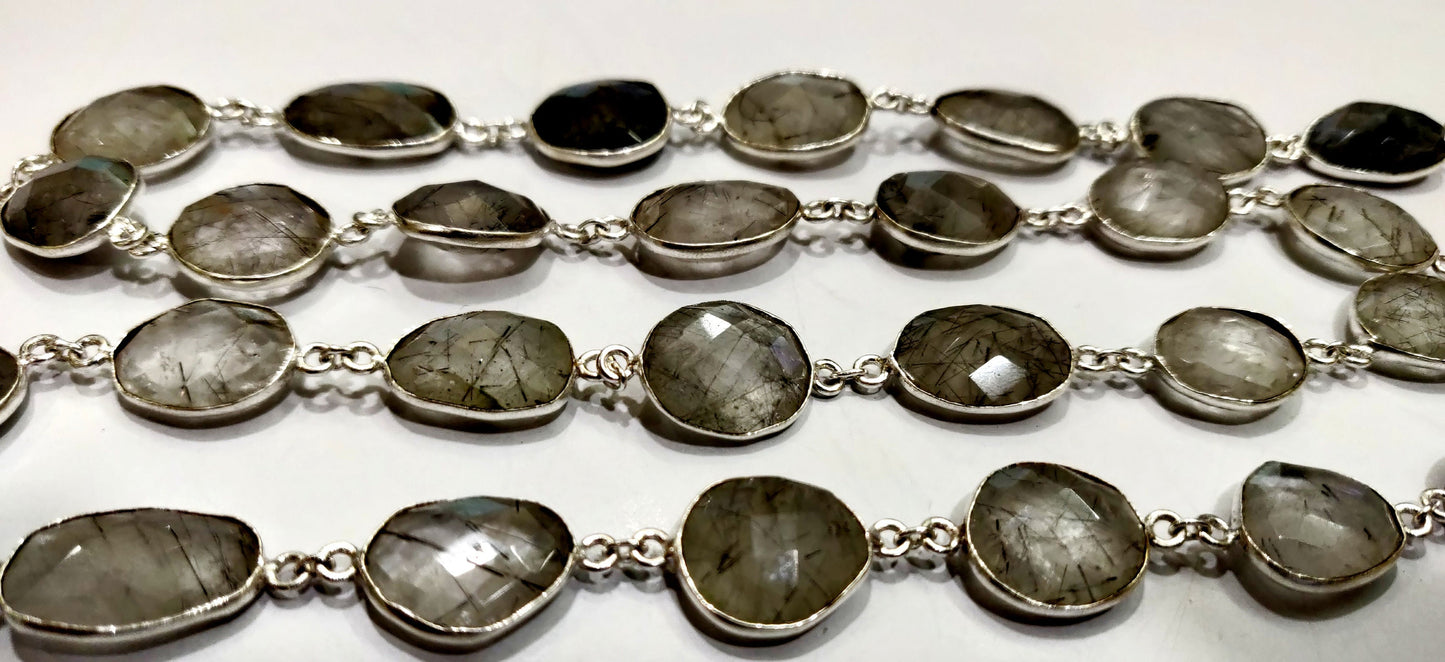 Black Rutilated Quartz Briolette Faceted Uneven Free Shape Size 10 to 15mm Bezel Connector Chain Sold Per Foot High quality