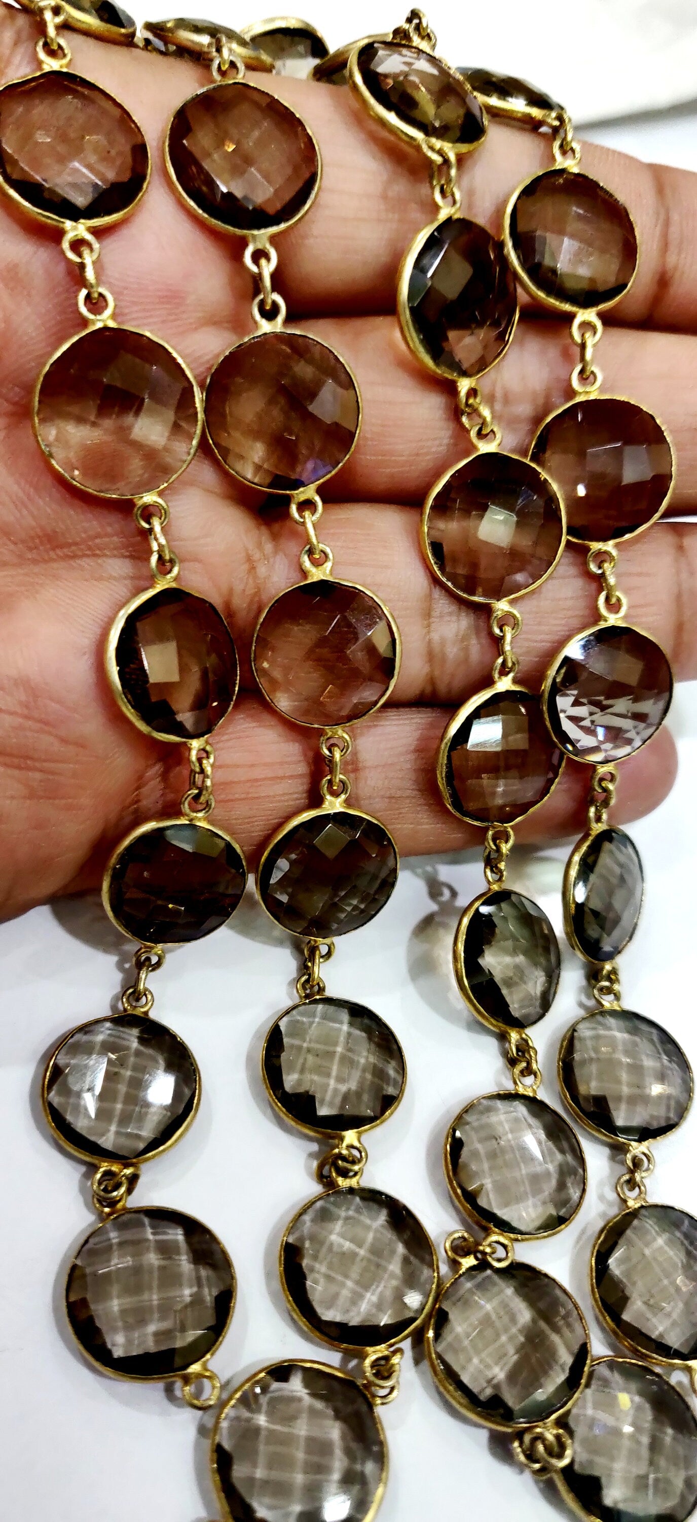 Natural Smoky Quartz Briolette Faceted Round Coin Shape 14mm to 15mm Bezel Connector Link Chain Sold Per Foot Jewelry making Handmade chain