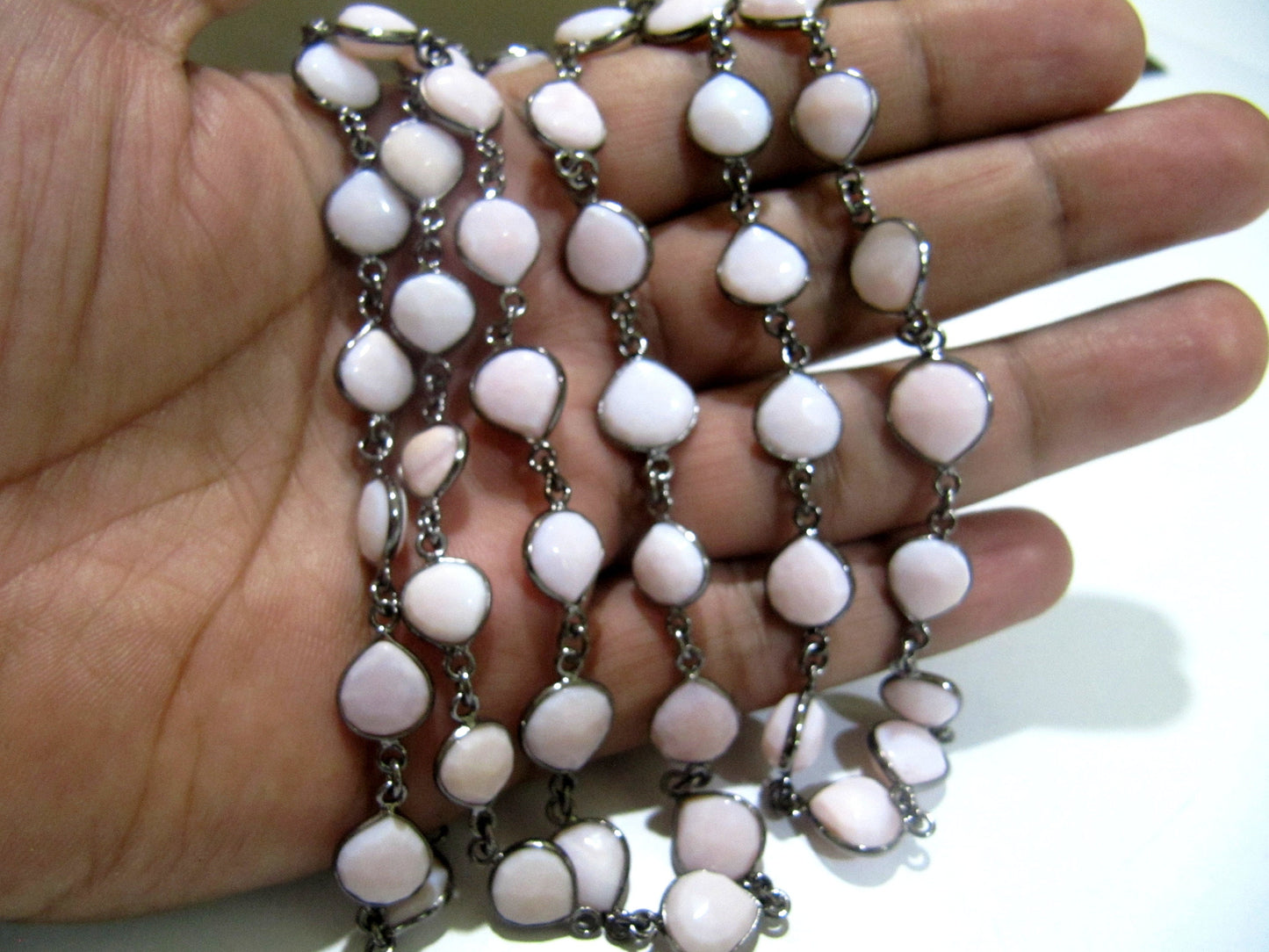 Natural Pink Opal Heart Shape Briolette Faceted Size 10mm to 11mm Bezel Connector Black Oxidised Plated Chain High Quality Wholesale prices