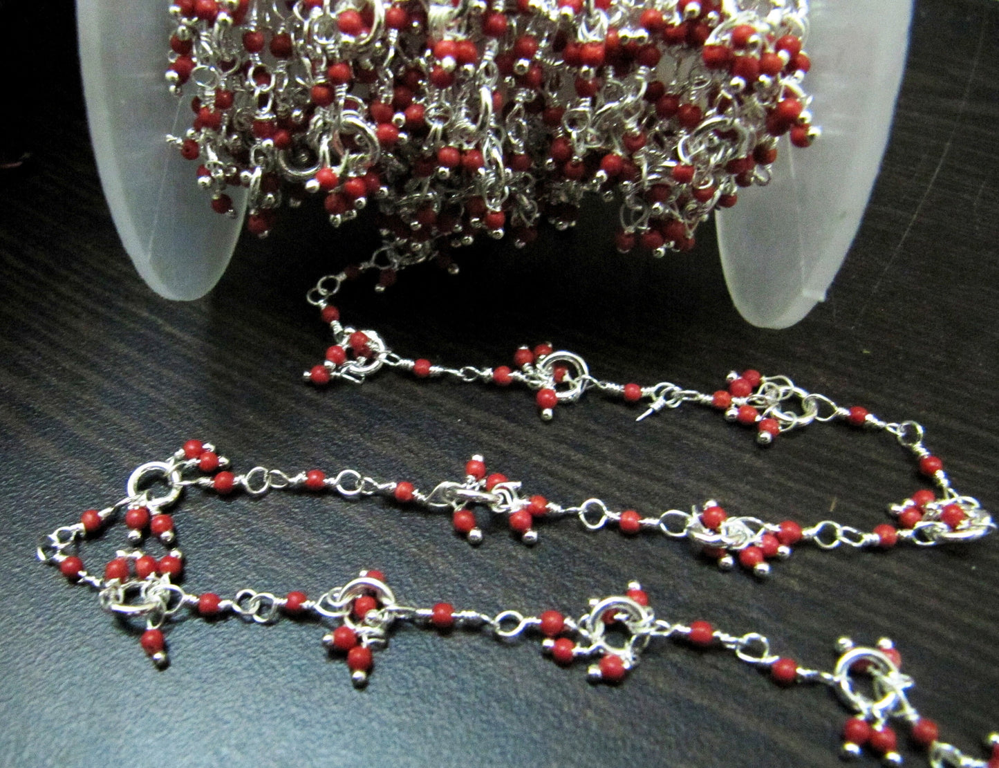 3 Ft- Red Coral Hydro Quartz Plain smooth Round Dangling 2mm Beads Chain Wire Wrapped Chain Wholesale Prices Jewelry Making