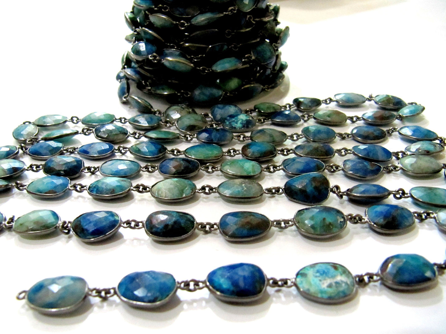 Natural Malachite Azurite Uneven Free Shape Briolette Faceted Bezel Connector Chain 10 to 15mm Sold Per Foot Wholesale price