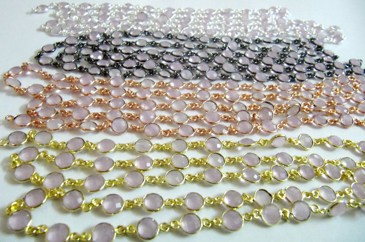 Natural Rose Quartz Coin Shape Briolette Faceted Bezel Connector Chain Sold Per Foot High Quality Handmade Gemstone Chains