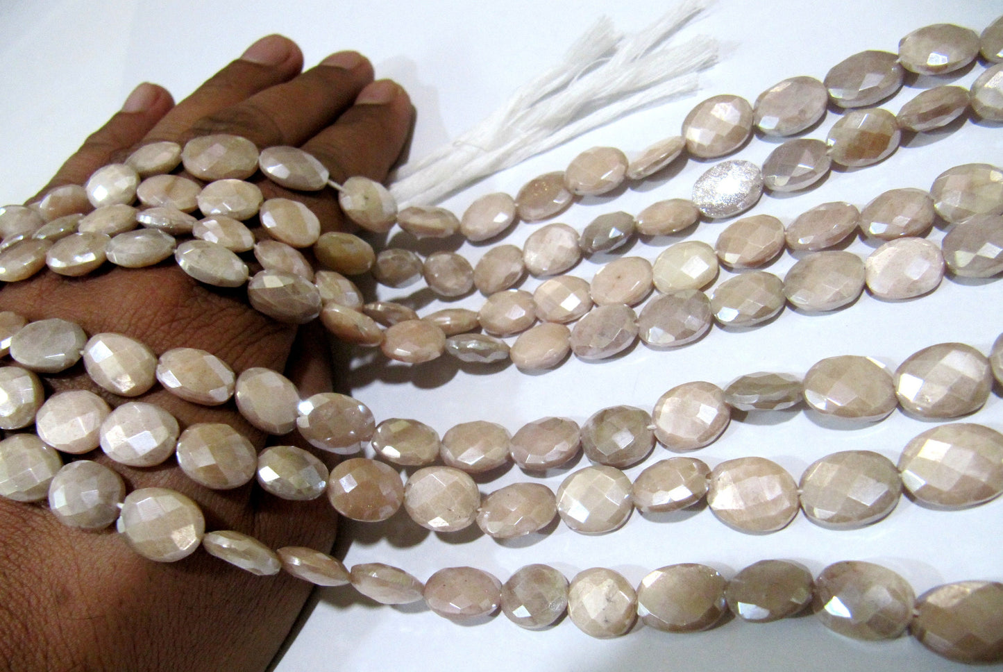Natural Peach Moonstone 10 to 14 mm Oval Briolette Faceted Silver Mystic Coated Beads Strand 13 inches long Best Quality Gemstones
