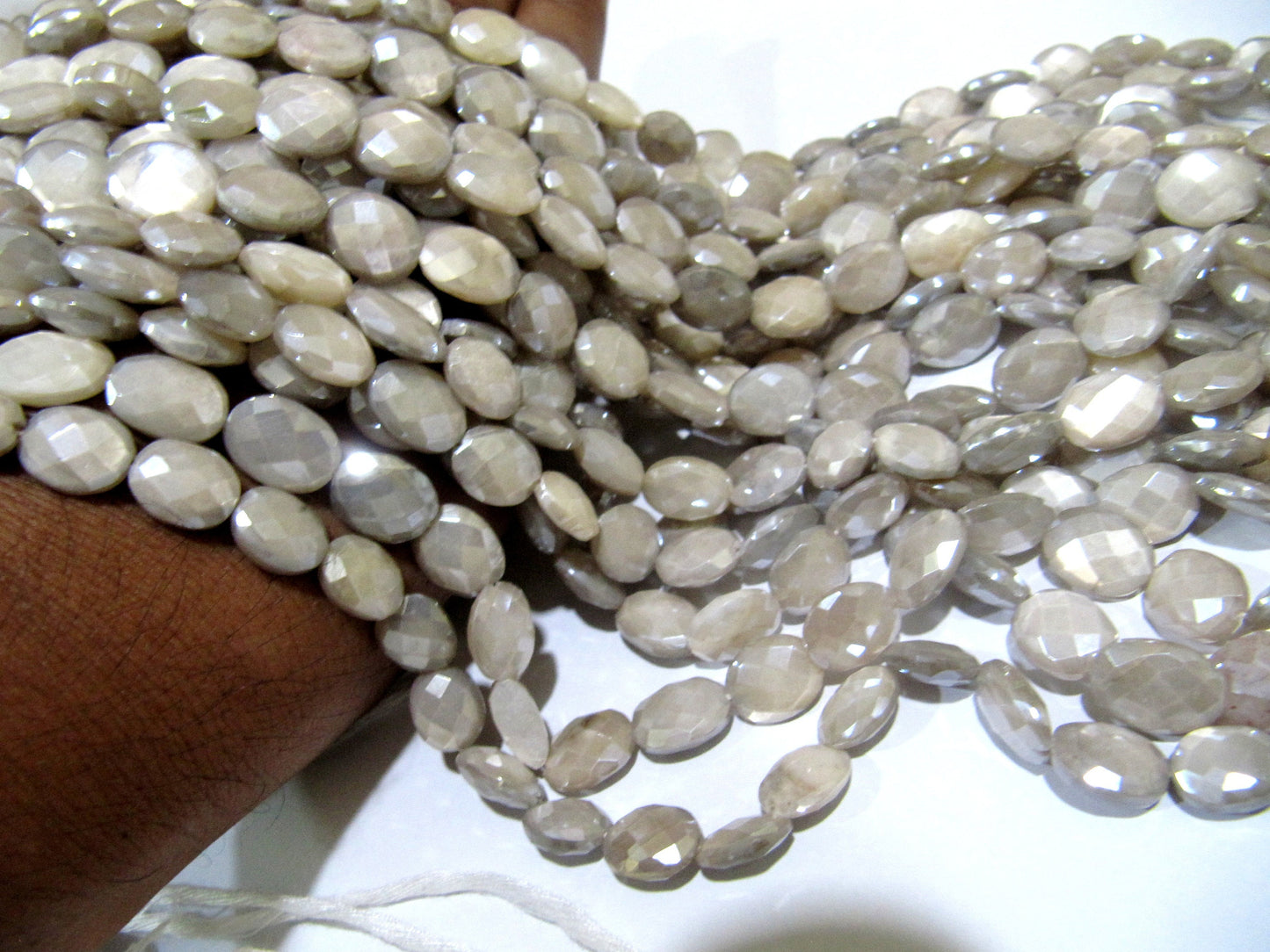 Natural Grey Moonstone Silver AB Mystic Coated Oval Shape Briolette Faceted Beads 7x10to8x12mm Strand 10 inch long High Quality Beads