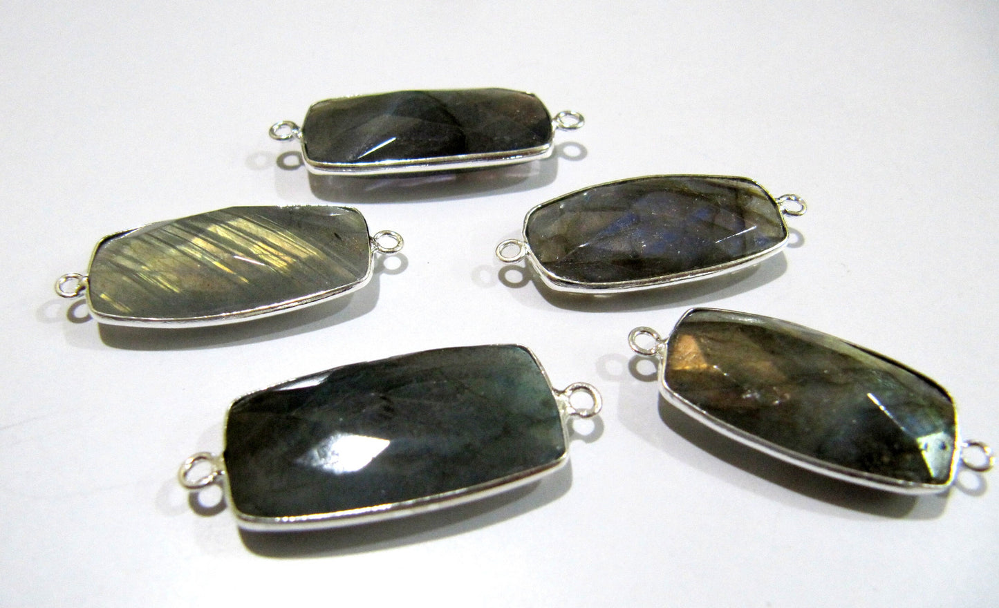 2 Pcs Set Natural Labradorite Rectangle Shape 13x25mm Briolette Connectors Blue Flashy Gemstone Double Loop Bezel Charms