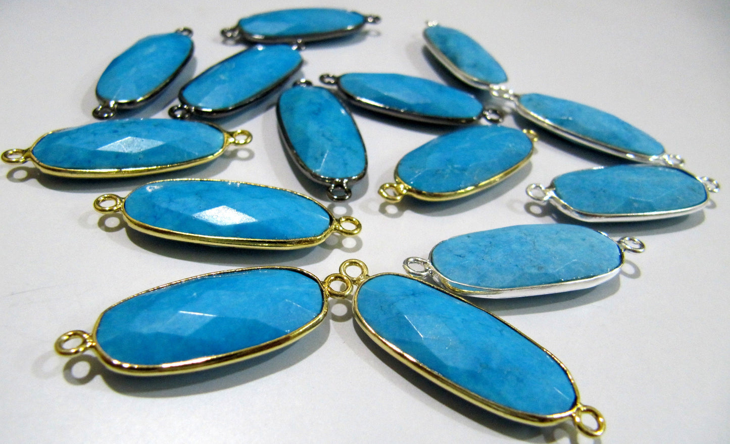Natural and Genuine Turquoise Magnesite Oval Shape 22x27mm Briolette Connector Double Loop Semi Precious Gemstone Bezel Per Piece