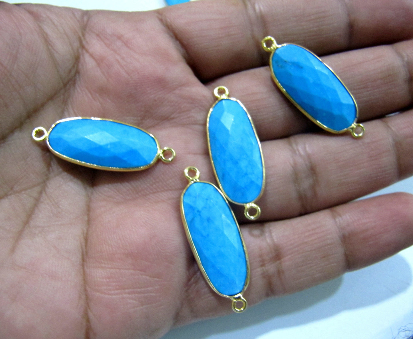 Natural and Genuine Turquoise Magnesite Oval Shape 22x27mm Briolette Connector Double Loop Semi Precious Gemstone Bezel Per Piece