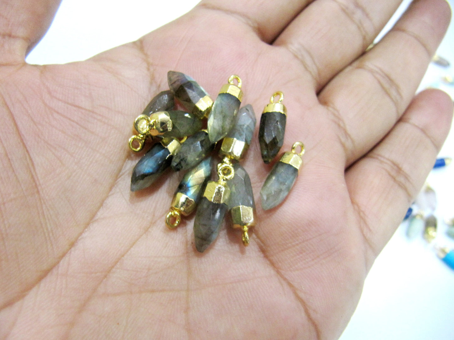 Natural Gemstones Tiny Bullet Charm Pointer Pendant Single Loop Connector 24k Gold Electroplated 0.5 inch long Sold Per Piece Pencil Charm