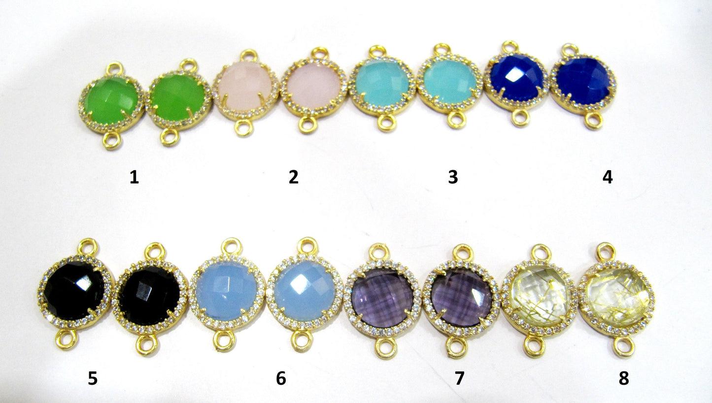 Gemstone Quartz Round Shape Briolette 13mm Connectors With Setted CZ Pave 24K Gold Electroplated Double Loop Gemstone Jewelry Charms