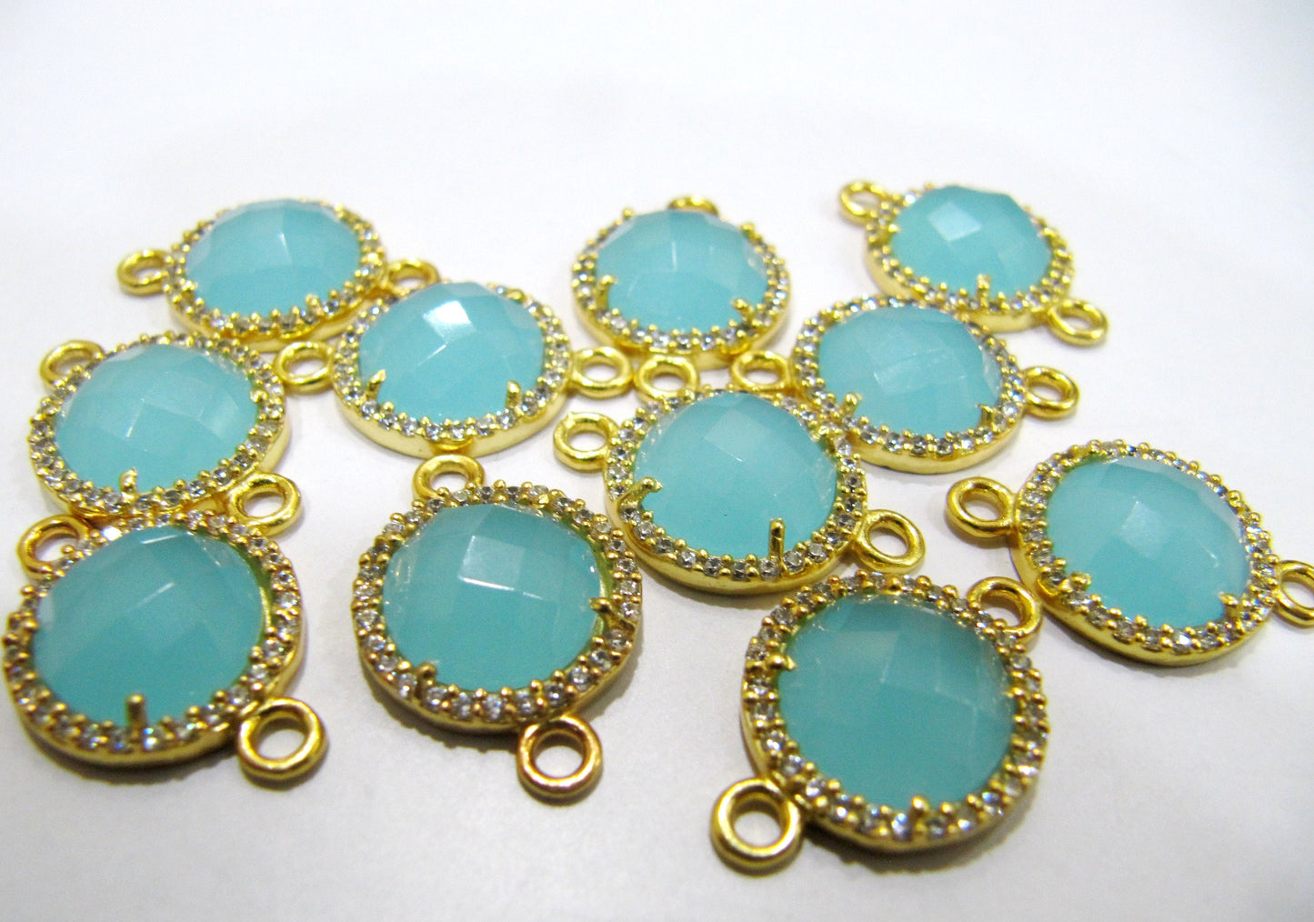 Gemstone Quartz Round Shape Briolette 13mm Connectors With Setted CZ Pave 24K Gold Electroplated Double Loop Gemstone Jewelry Charms
