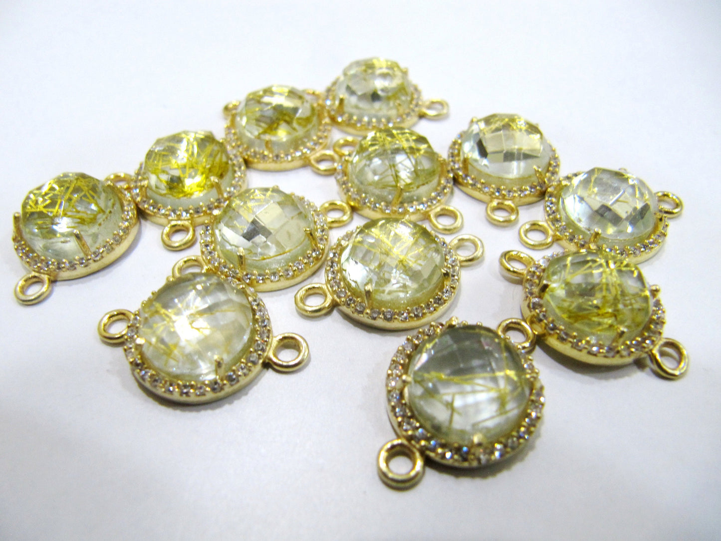 Gemstone Quartz Round Shape Briolette 13mm Connectors With Setted CZ Pave 24K Gold Electroplated Double Loop Gemstone Jewelry Charms