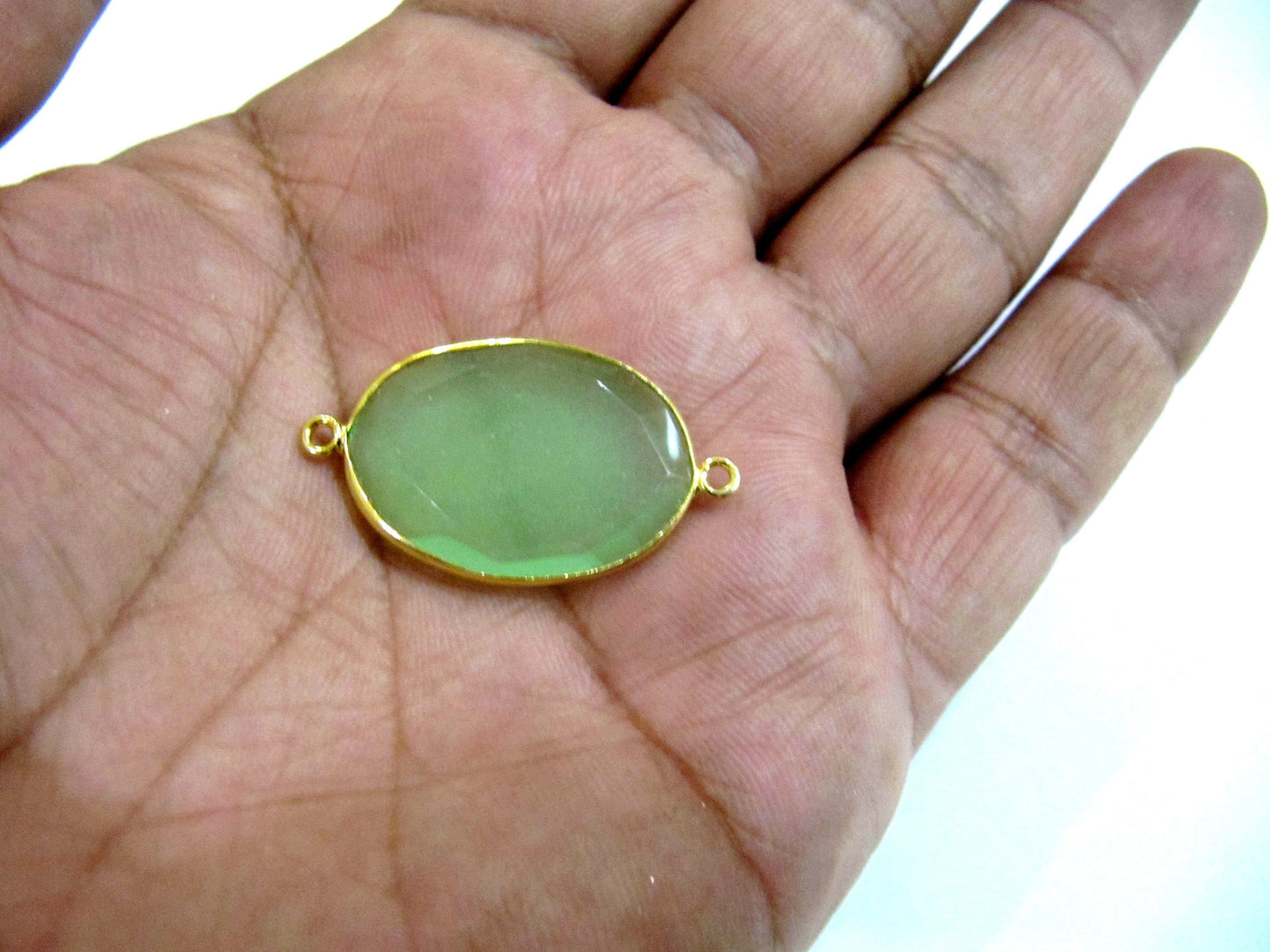 Green Chalcedony Briolette Faceted Oval Shape Double Loop Bezel Connector Jewelry making link bezel choose the size and Plating color