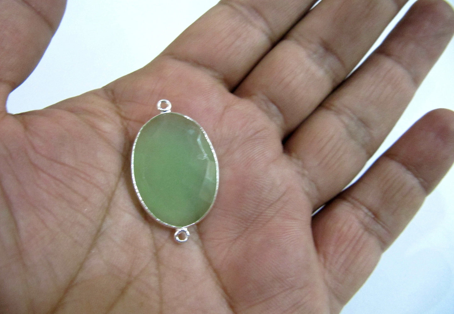 Green Chalcedony Briolette Faceted Oval Shape Double Loop Bezel Connector Jewelry making link bezel choose the size and Plating color