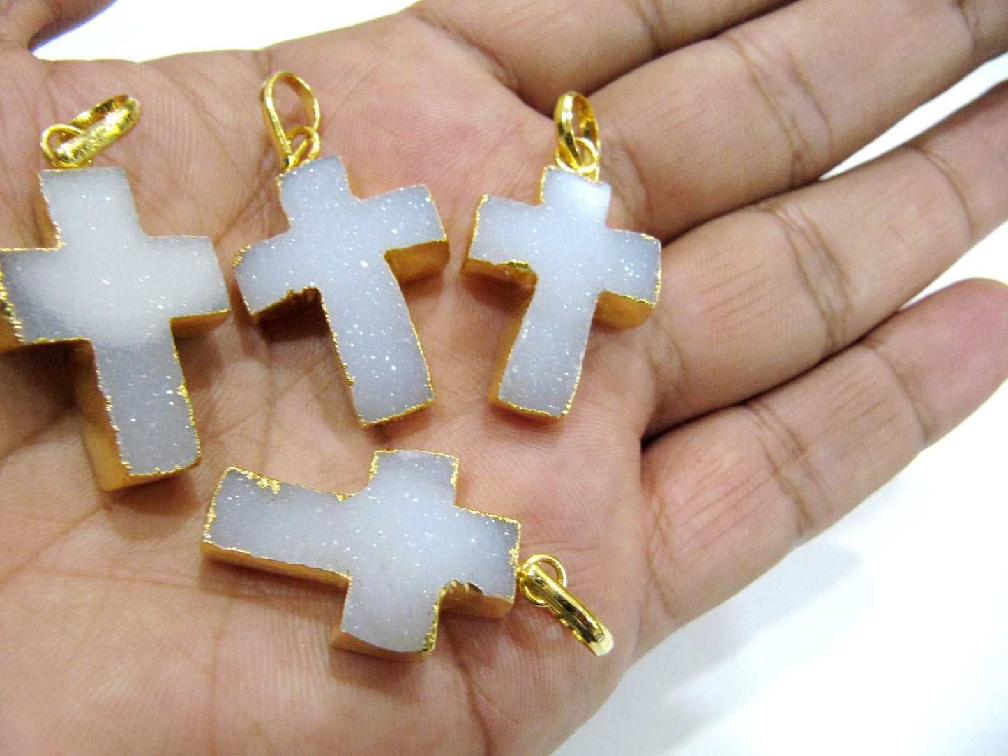 Hand Carved Natural Druzy Holy Cross Shape Pendant Charm 24Kt Gold Electroplated approx. 1inch long White Drusy charm Gemstone Connectors