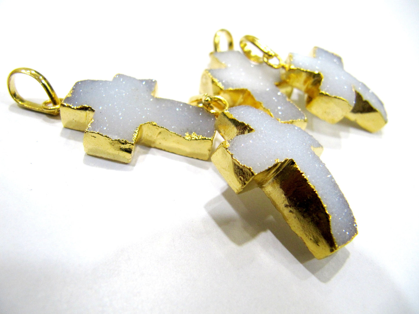 Hand Carved Natural Druzy Holy Cross Shape Pendant Charm 24Kt Gold Electroplated approx. 1inch long White Drusy charm Gemstone Connectors