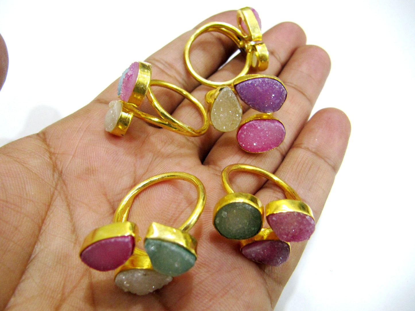 Beautiful Colorful Druzy Rings Triplet Design Size 10-20mm, Adjustable Size, Free Size, 24 Kt Gold Plated, Mix Color and Shape, YOU CHOOSE