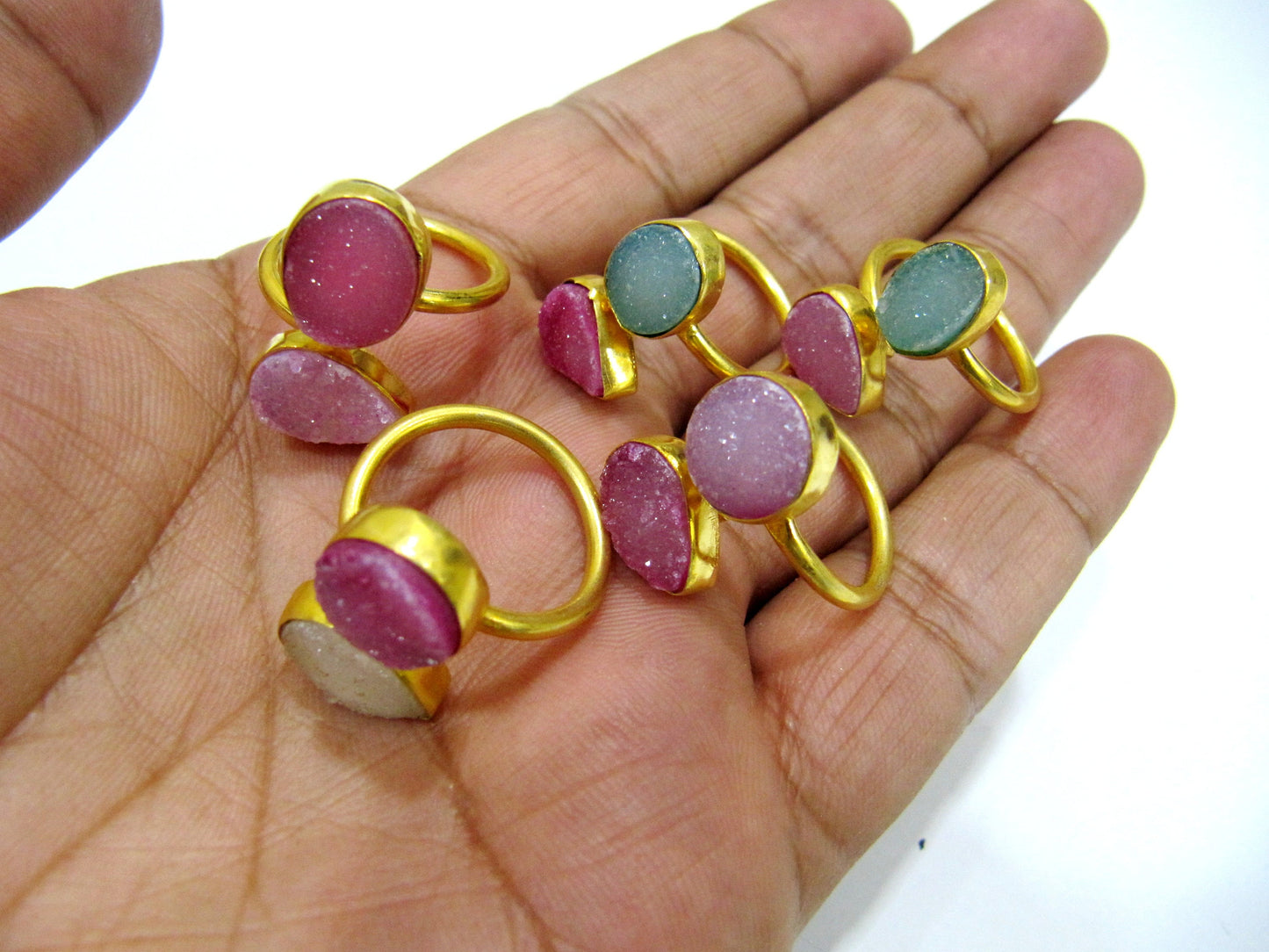 Multi Color Druzy Rings Double Stone Design Size 10-20mm Adjustable Size Free Size 24 Kt Gold Plated, Mix Color and Shape, YOU CHOOSE