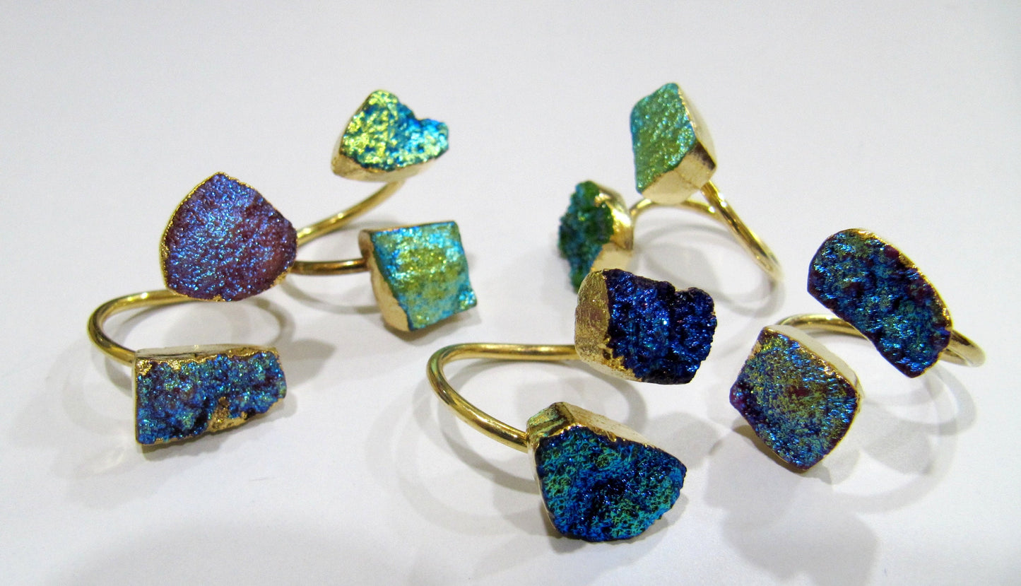 Natural Titanium Colorful Druzy Double Stone Ring 24K Gold Electroplated Drusy Gemstone Free Shape Flexible Adjustable Ring Wholesale Prices