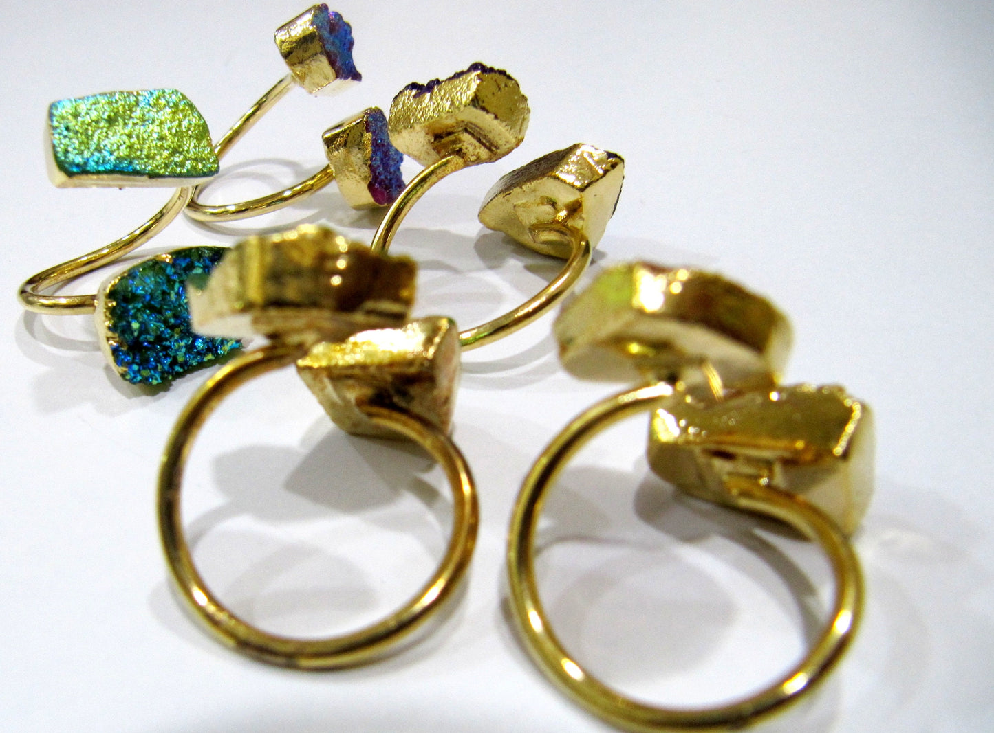 Natural Titanium Colorful Druzy Double Stone Ring 24K Gold Electroplated Drusy Gemstone Free Shape Flexible Adjustable Ring Wholesale Prices