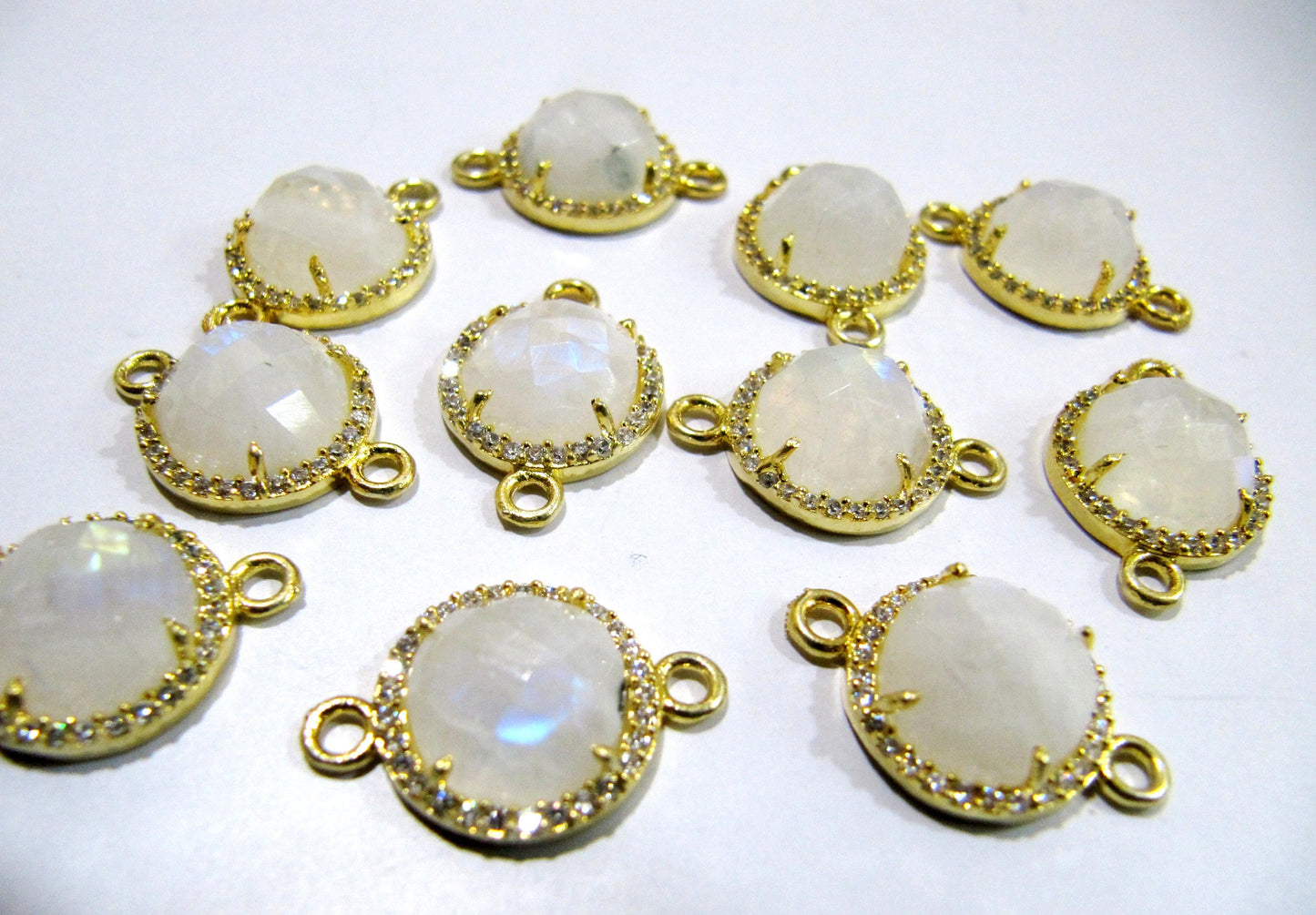 Natural Gemstones Round Shape Briolette 13mm Connectors charms With Setted CZ Pave 24K Gold Electroplated Double Loop Gemstone Jewelry