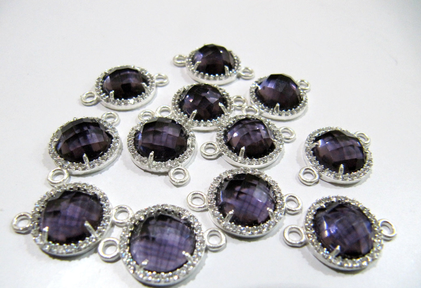 Gemstone Quartz Round Shape Briolette 13mm Connectors charms With Setted CZ Pave Silver Electroplated Double Loop Choose the Stone