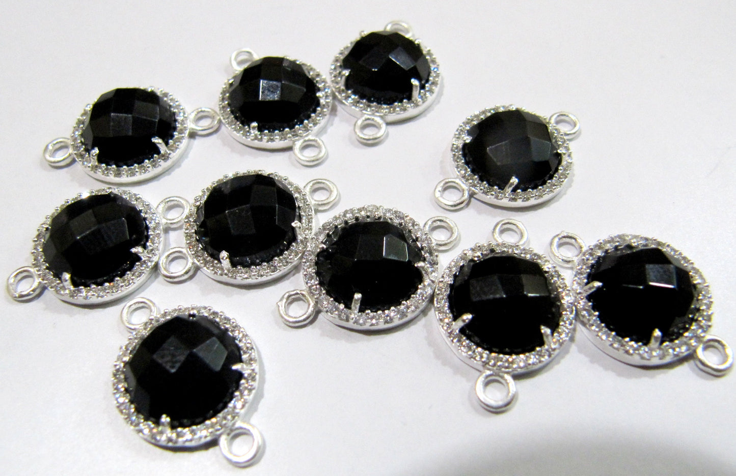 Gemstone Quartz Round Shape Briolette 13mm Connectors charms With Setted CZ Pave Silver Electroplated Double Loop Choose the Stone