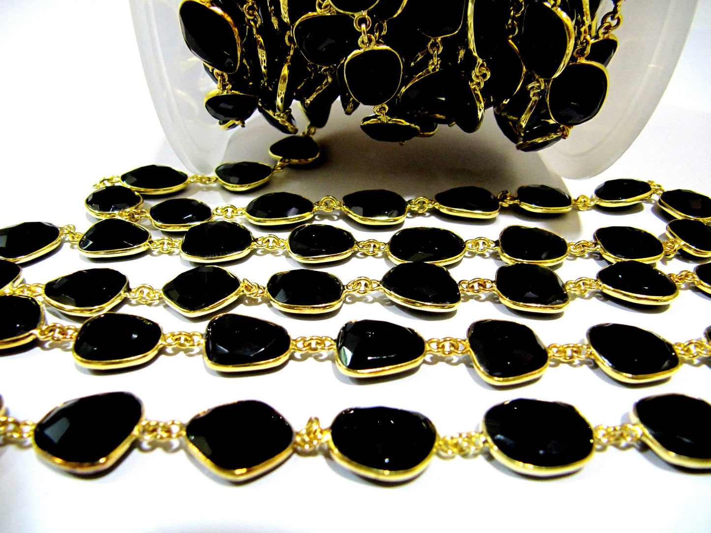 Natural Black Onyx Free Shape Briolette Faceted Uneven Bezel Connector Chain 10 to 15mm Sold Per Foot High Quality Wholesale price