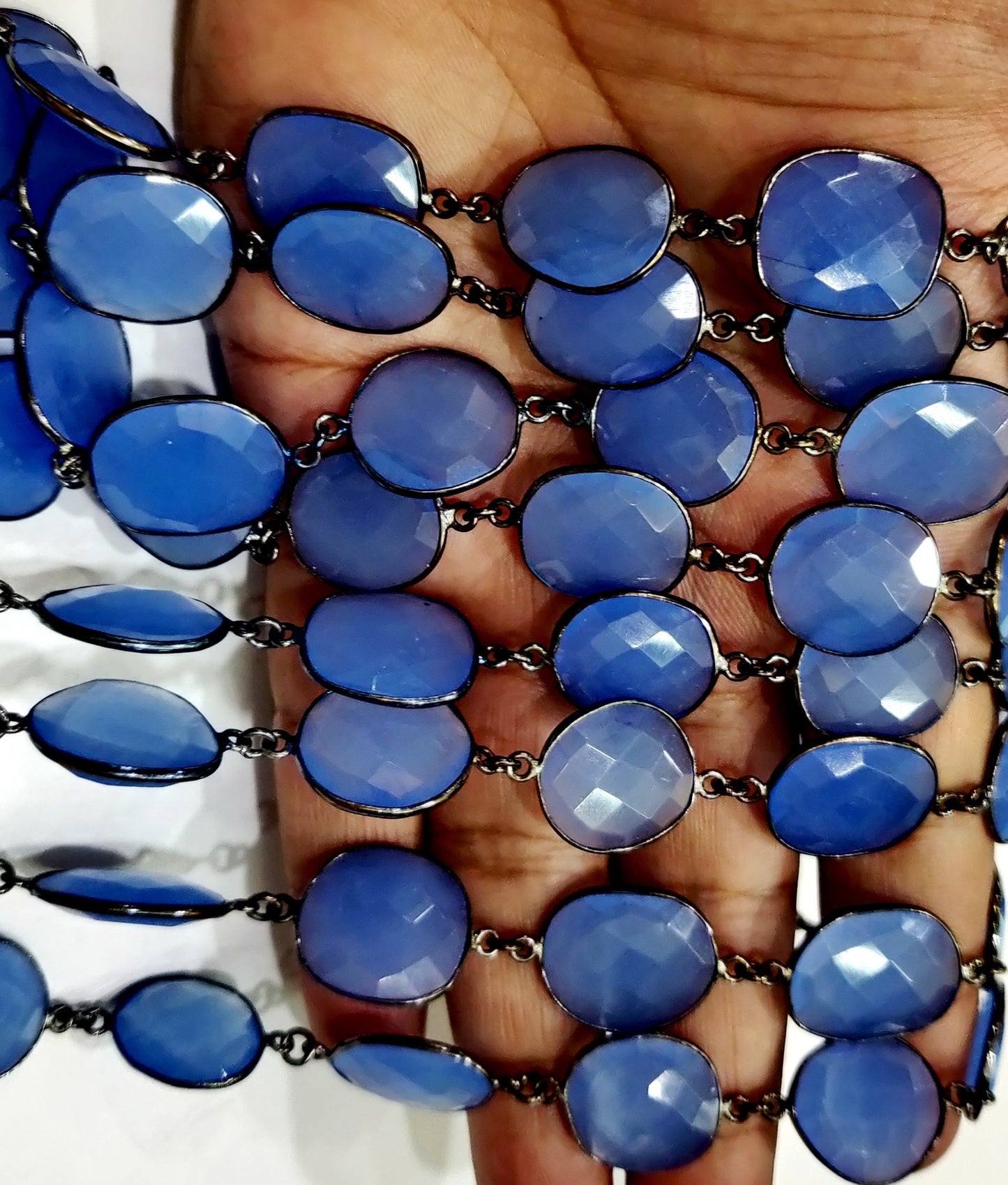 Blue Chalcedony Free Shape 12 to 16mm Briolette Faceted Connector Link Chain Sold Per Foot Wholesale Prices Jewelry making chain