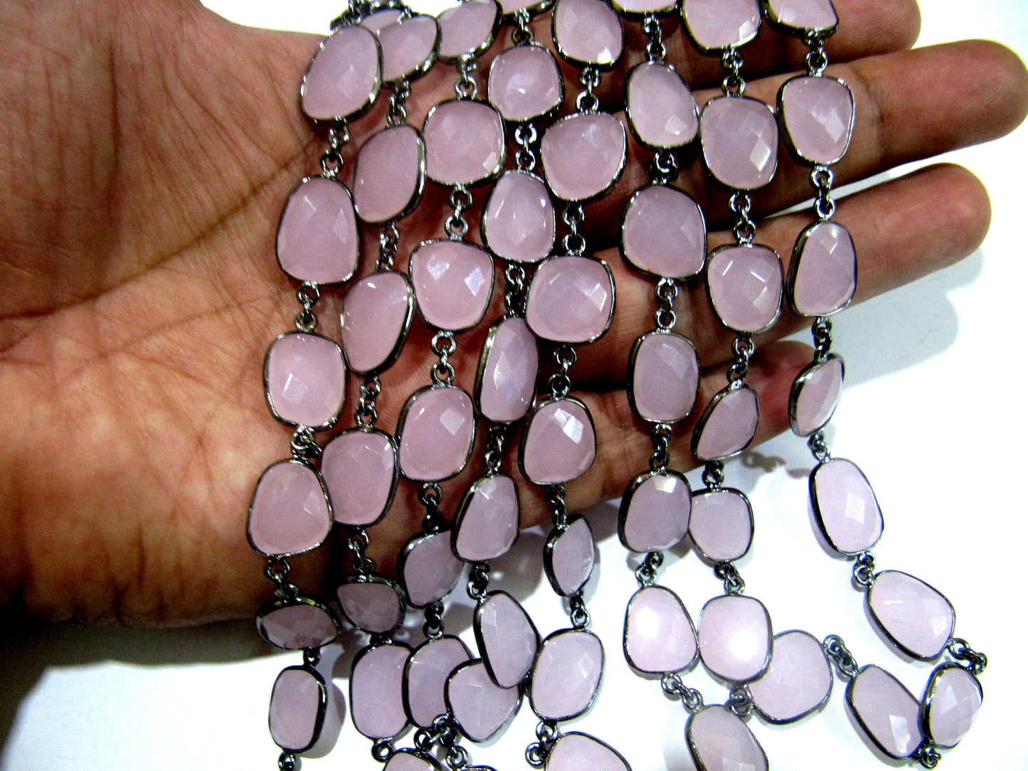 Pink Chalcedony Rose Quartz color Uneven Free Shape Briolette Bezel Connector Chain Size 12to 15mm Sold Per Foot Wholesale Link Chain