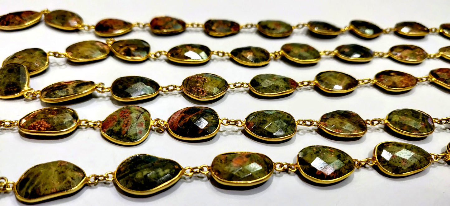 Natural Unakite Nugget Briolette Connector Chain Uneven Free Shape 15 to 17mm Plated Sold Per Foot High Quality Beads Wholesale prices