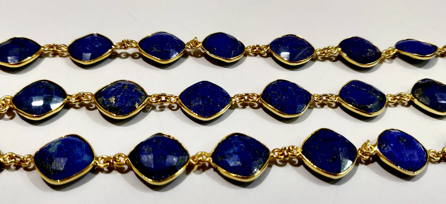 Lapis Lazuli Briolette Faceted Cushion Shape Size 12 to 13mm Bezel Connector Link Chain Sold Per Foot Jewelry Making Gemstone Chain