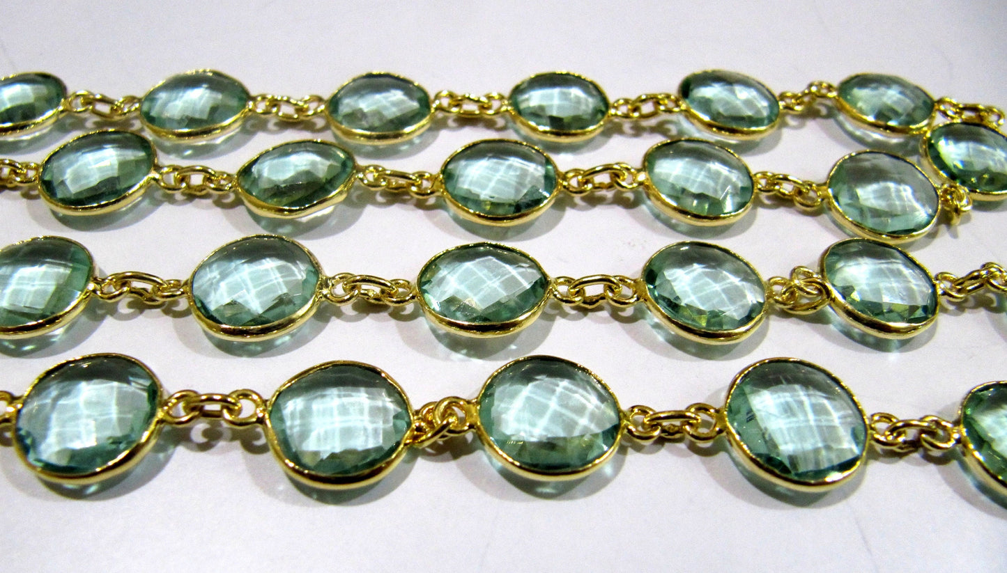 Green Amethyst Quartz Briolette Faceted Round Coin Shape 11mm to 12mm Bezel Connector Link Chain Sold Per Foot Jewelry making chain