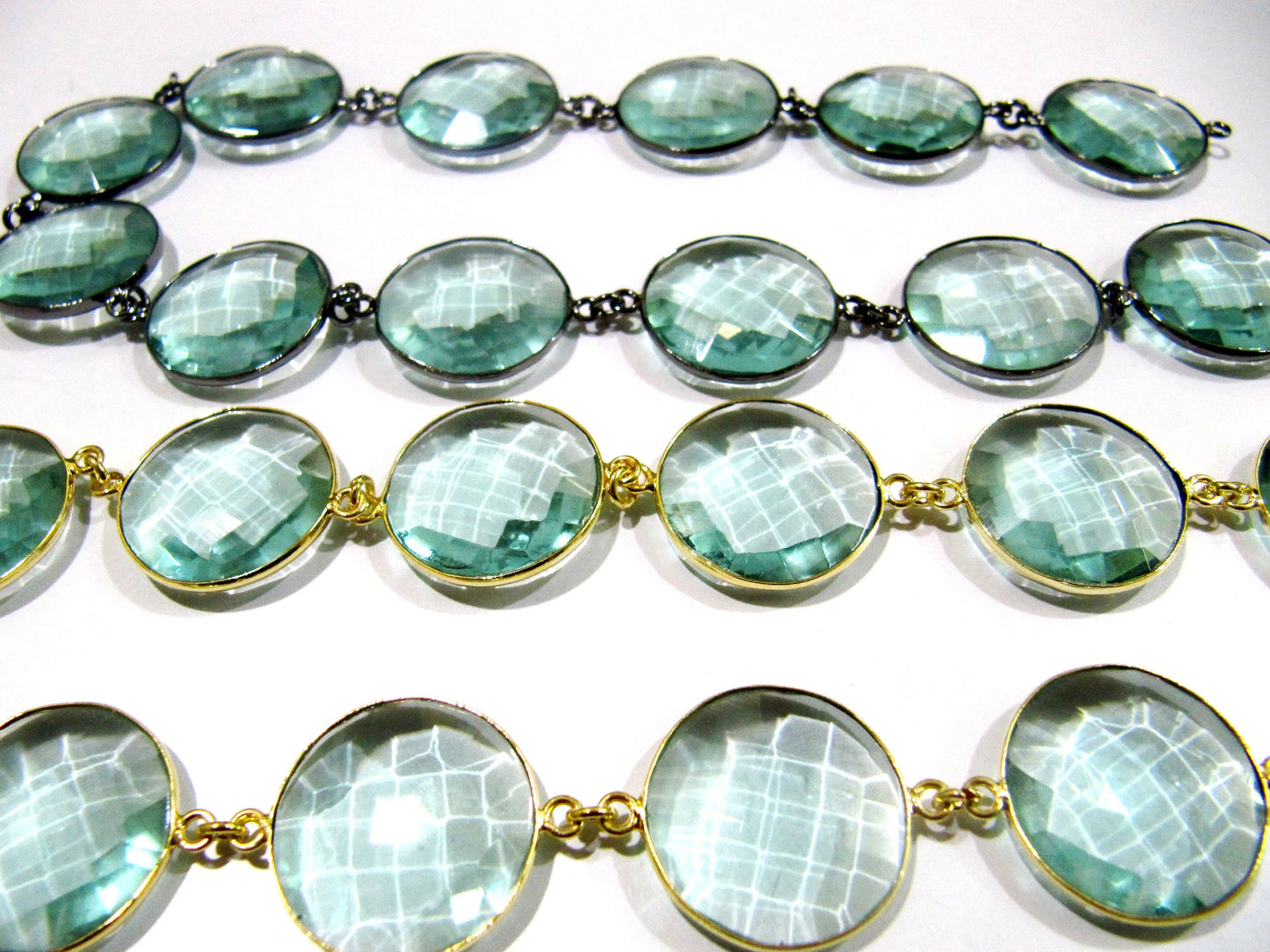 Green Amethyst Quartz Briolette Faceted Round Coin Shape 20mm Bezel Connector Link Chain Sold Per Foot Jewelry making chain
