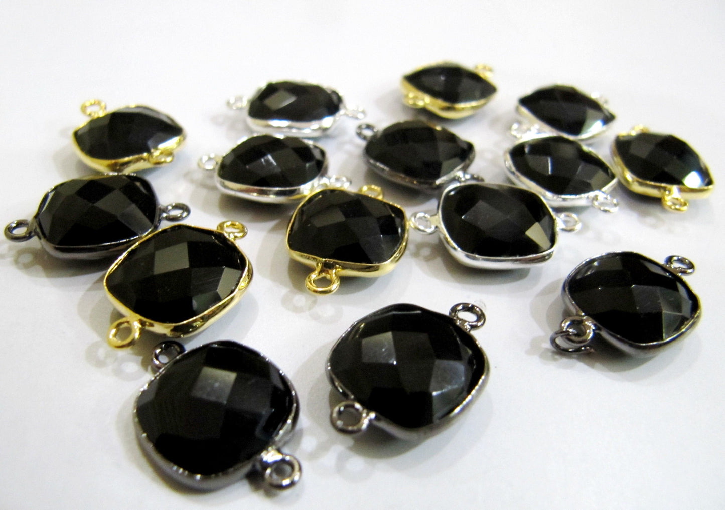Natural Black spinel Cushion Square Shape 10mm Briolette Double Loop Bezel Connector charm Choose the plating Sold per Piece Wholesale Price