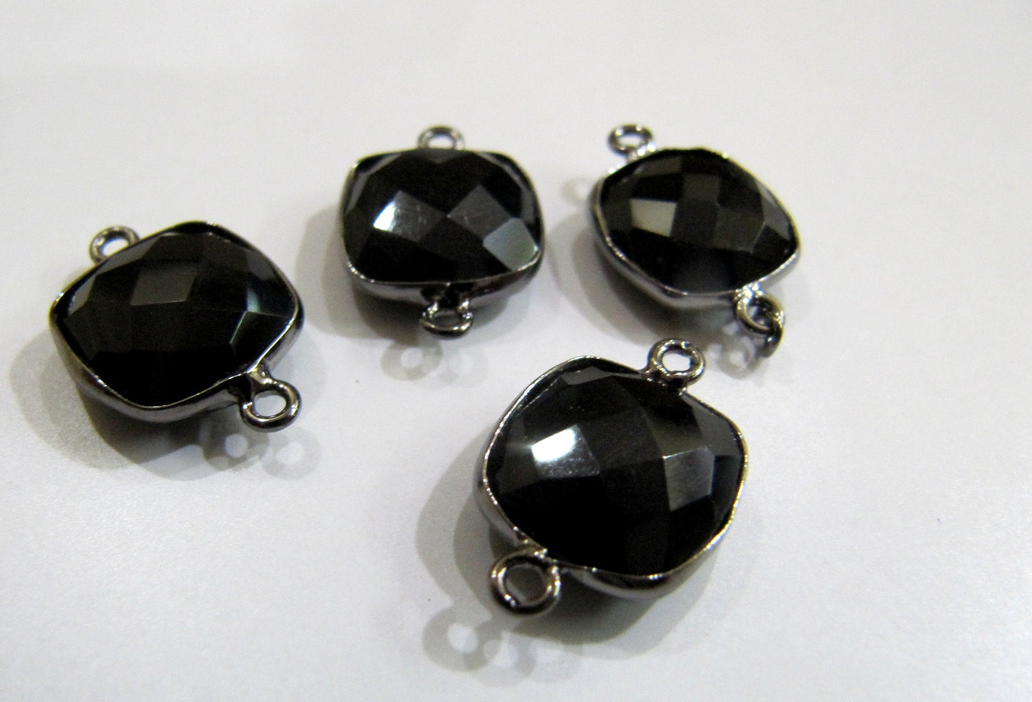 Natural Black spinel Cushion Square Shape 10mm Briolette Double Loop Bezel Connector charm Choose the plating Sold per Piece Wholesale Price