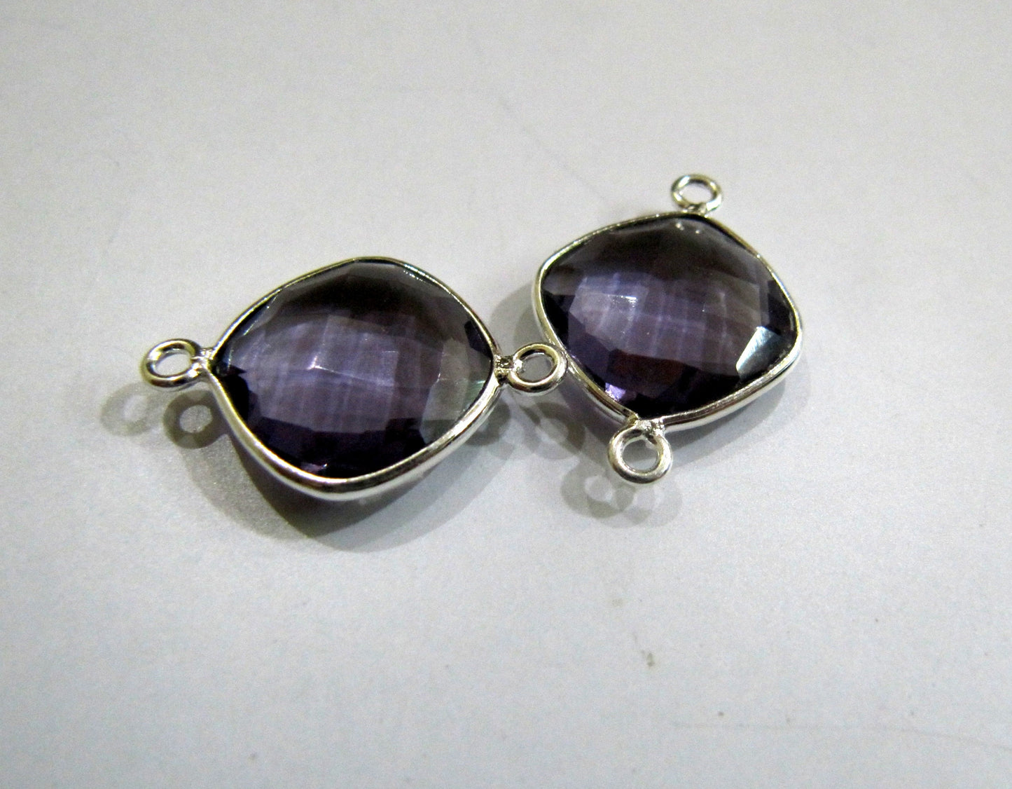 Amethyst Quartz Cushion Shape Briolette Faceted 12-13mm Double Loop Bezel Connectors Choose the plating Color Sold per Piece