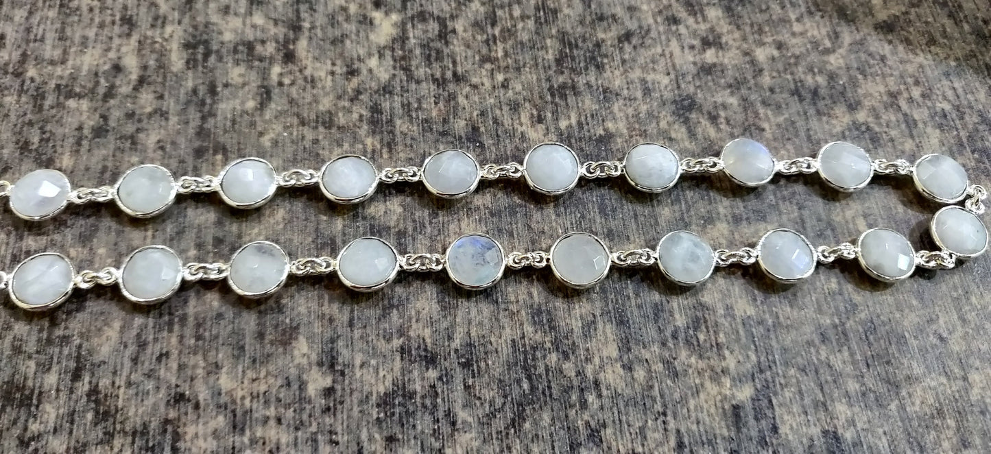 Natural White Rainbow Moonstone Round Coin Shape Briolette Faceted Bezel Connector Chain 9mm Choose the Plating Color Sold per Foot