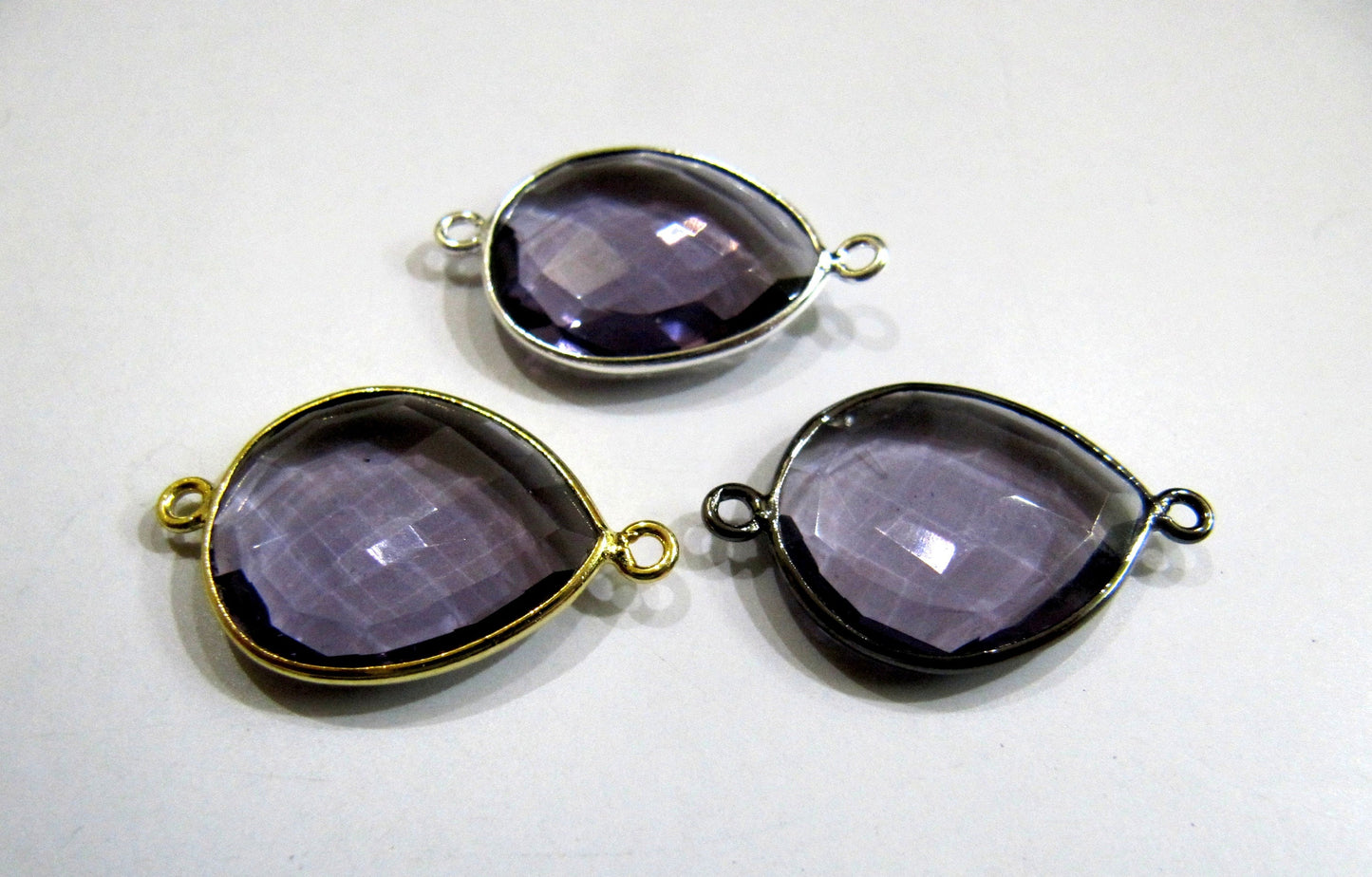 Amethyst Quartz Pear Shape 13x17mm Briolette Faceted Double Loop Bezel Connectors Choose the Plating Color Wholesale price