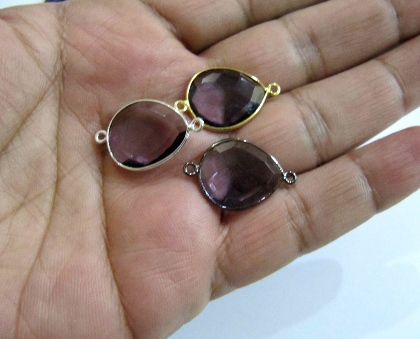 Amethyst Quartz Pear Shape 13x17mm Briolette Faceted Double Loop Bezel Connectors Choose the Plating Color Wholesale price