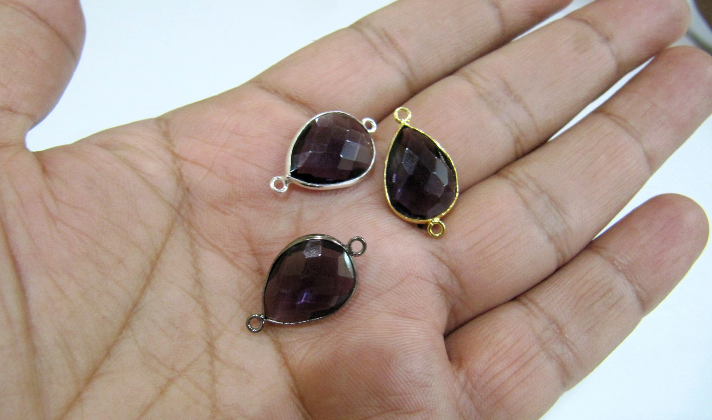 Amethyst Quartz Pear Shape 16x18mm Briolette Faceted Double Loop Bezel Connectors Choose the Plating Color Wholesale price