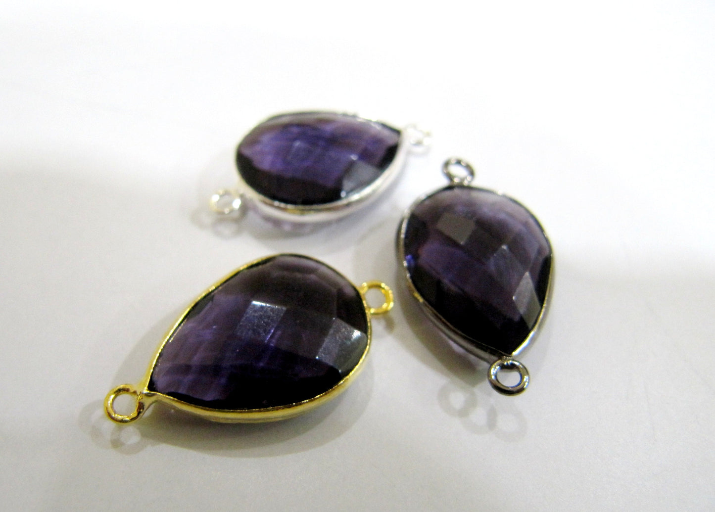 Amethyst Quartz Pear Shape 16x18mm Briolette Faceted Double Loop Bezel Connectors Choose the Plating Color Wholesale price