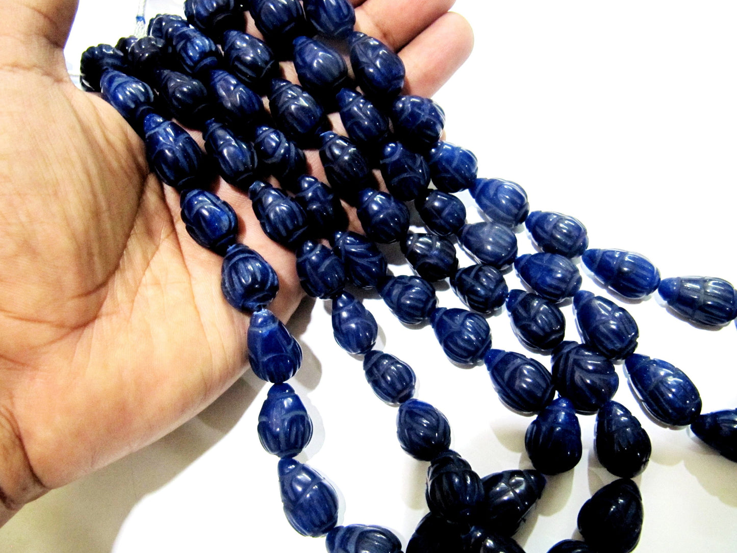 Sold Per 6 Loose Beads Best Quality Dyed Blue Sapphire Hand Carved Designer Size 10x14mm to 14x20mm Tear Drop Straight Drilled Beads